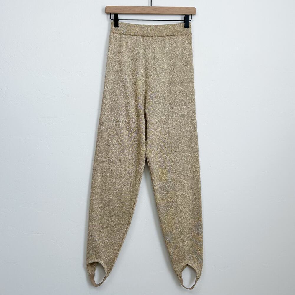 Vintage '80s MEDIUM Suzelle Retro Gold Metallic Stirrup Leggings Knit Pants NWT